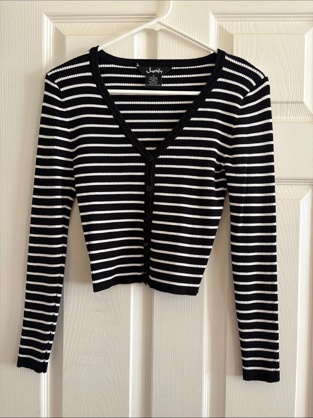 Justify Black and White Striped Ribbed Button Cardigan